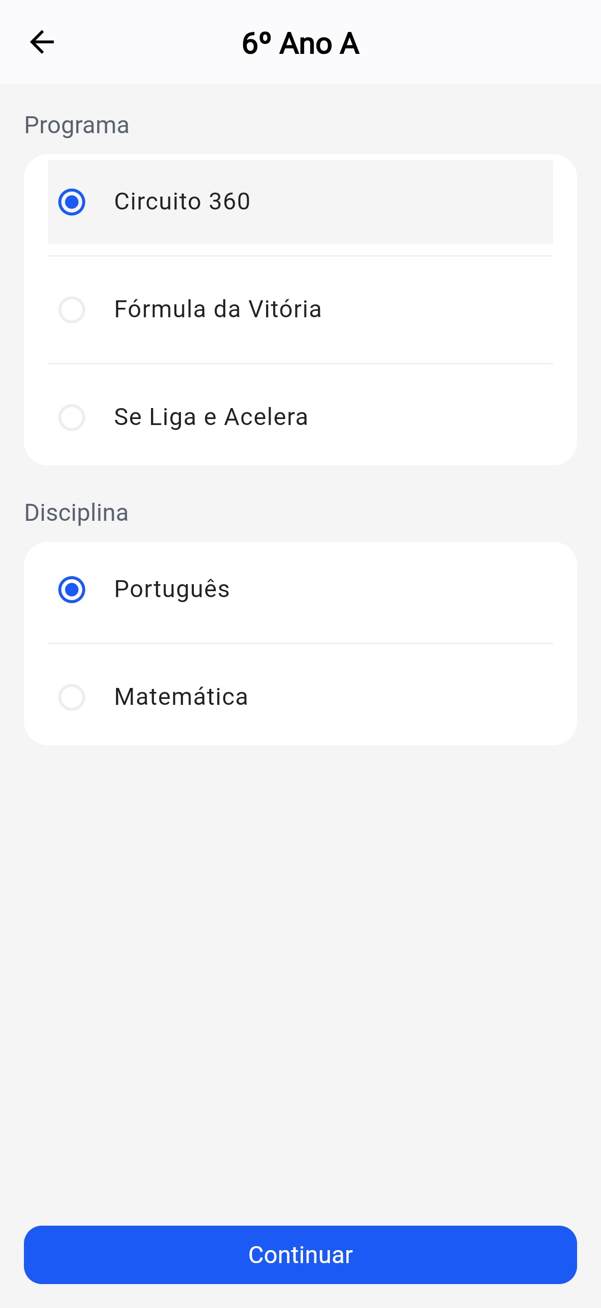 Seleção de programa e disciplina