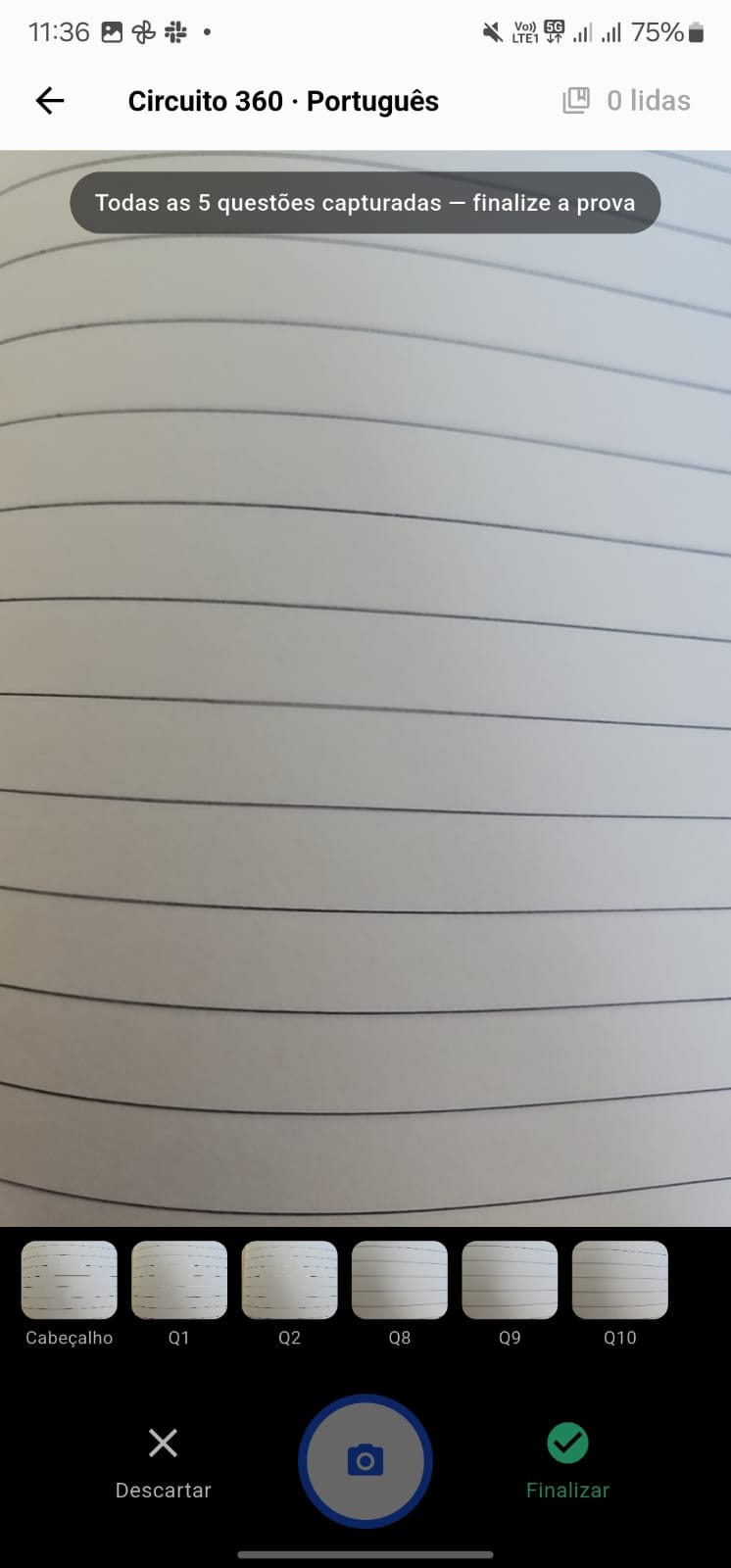 Tela de captura da prova pela câmera, com as questões fotografadas