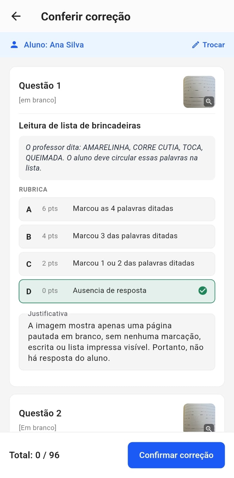 Tela de conferência da correção, com rubrica e justificativa